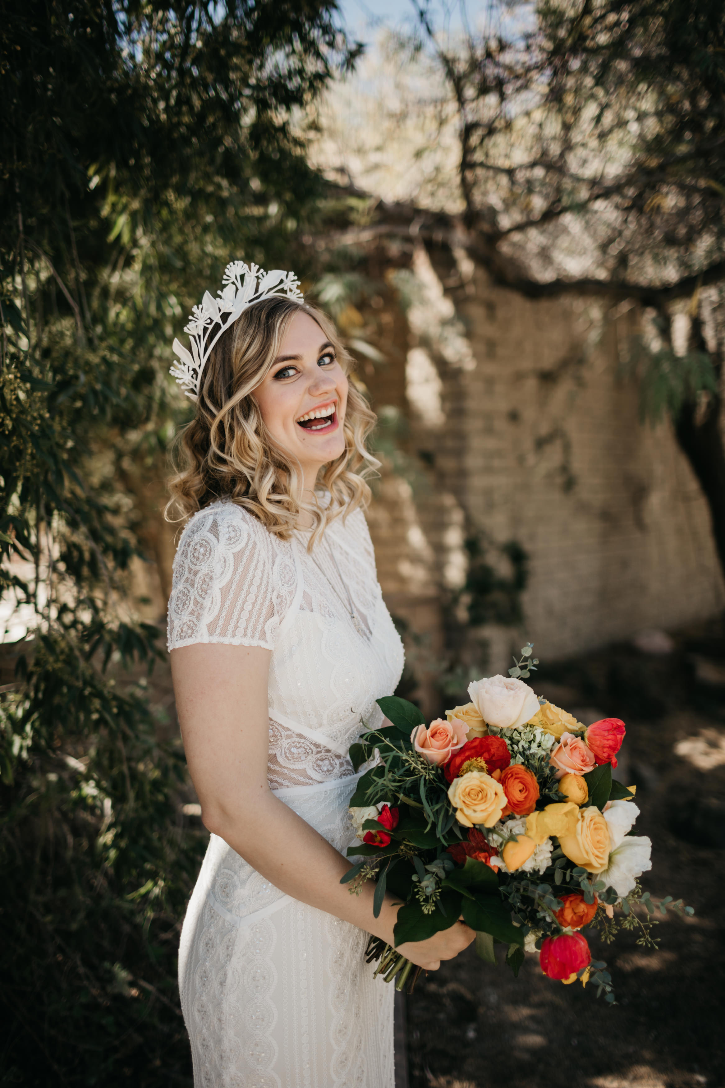 living desert Palm Springs bride with flowers