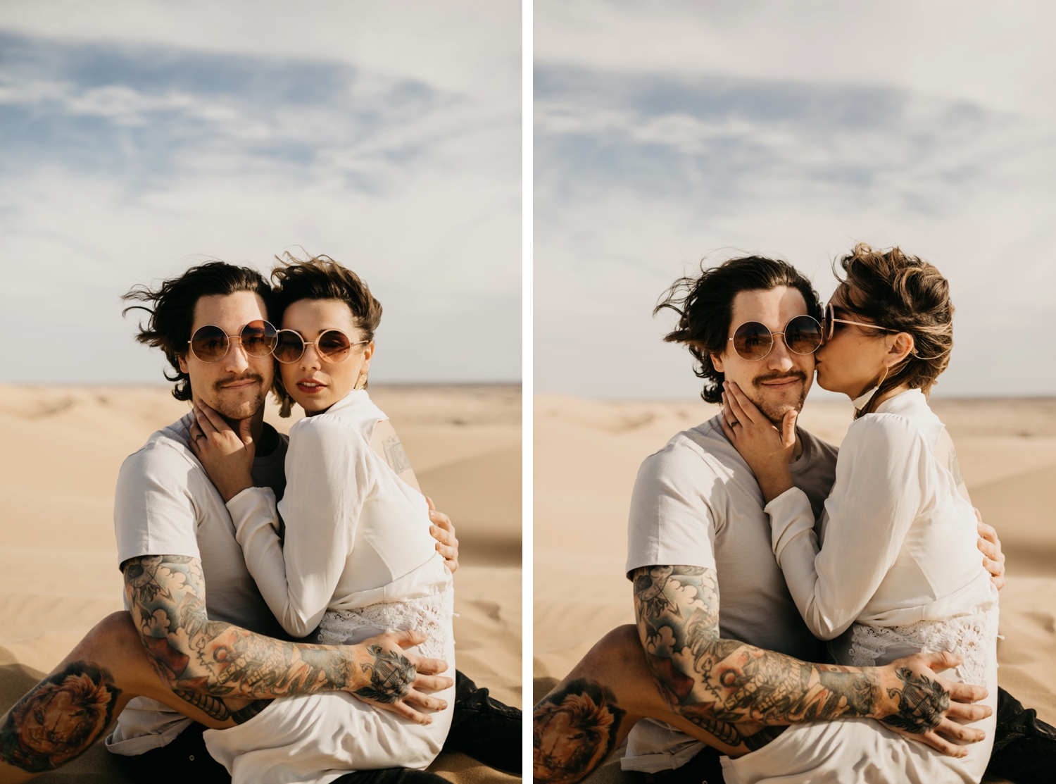 stylish couple in glamis sand dunes 